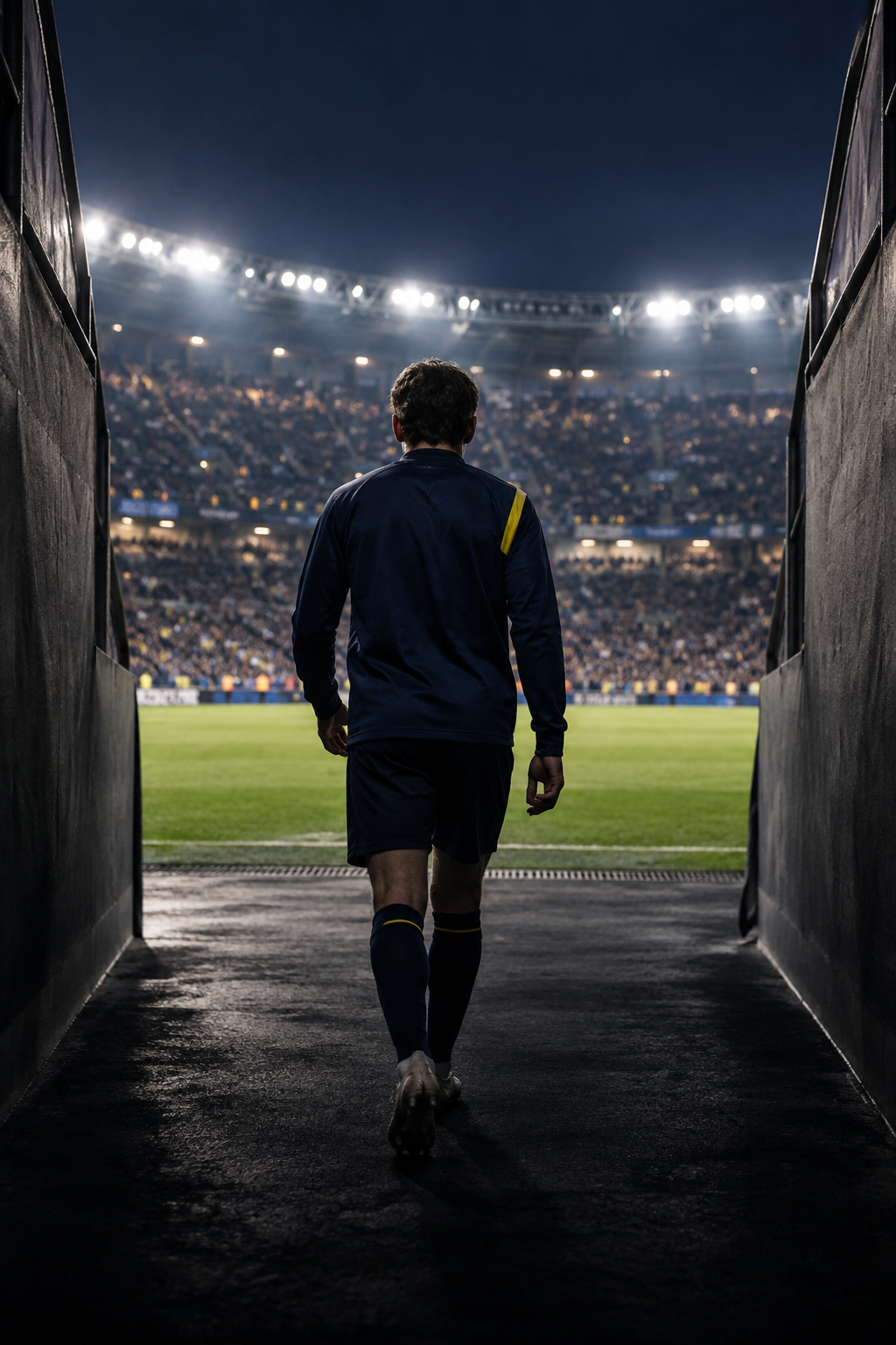 Un futbolista visto de espaldas entra al campo desde el túnel del estadio